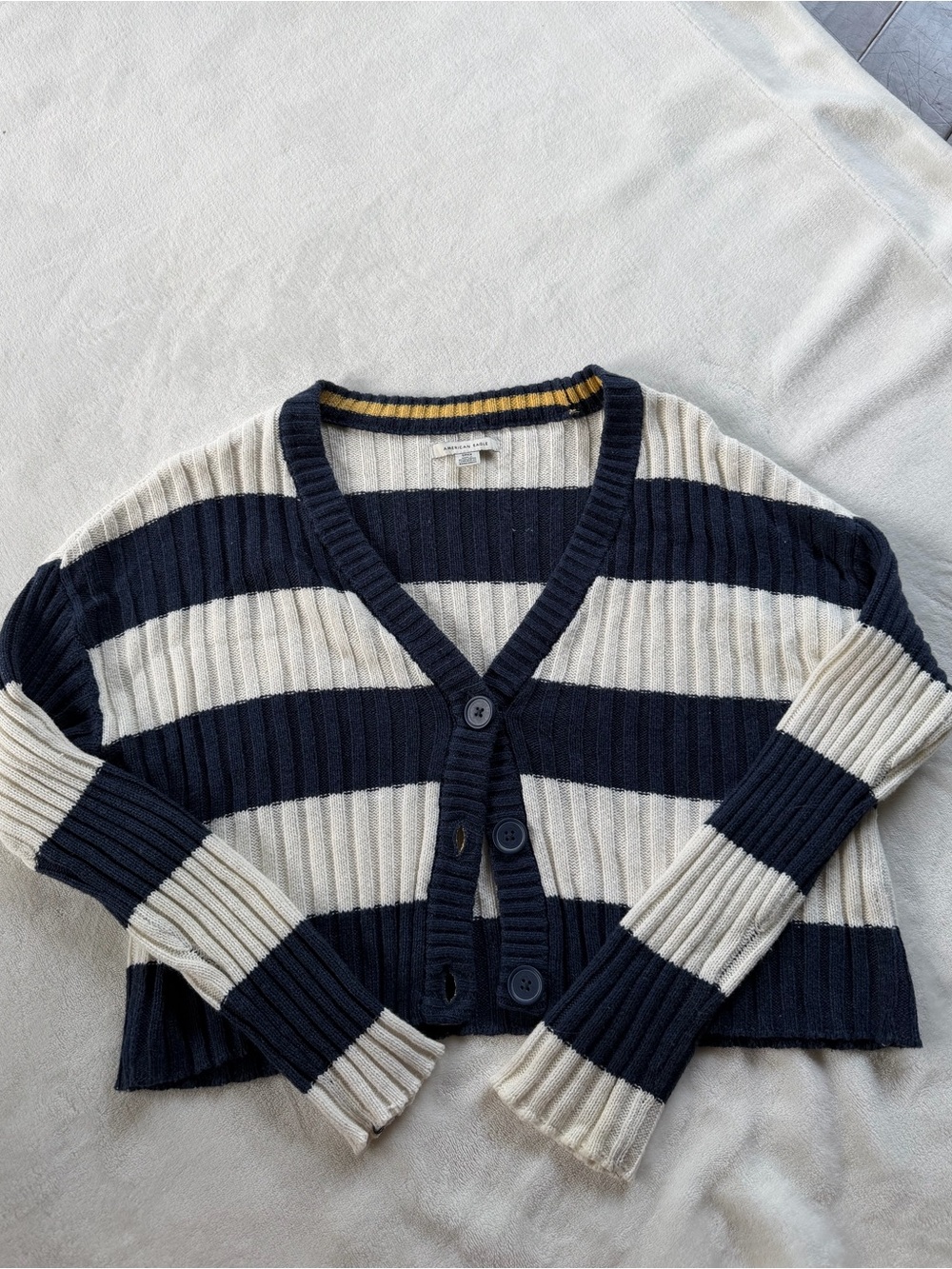 Cropped American Eagle Navy and Cream Striped V-Neck Cardigan